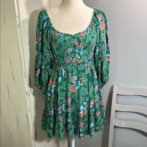Free People Floral Mini Dress Green Boho Babydoll Open Back Size M